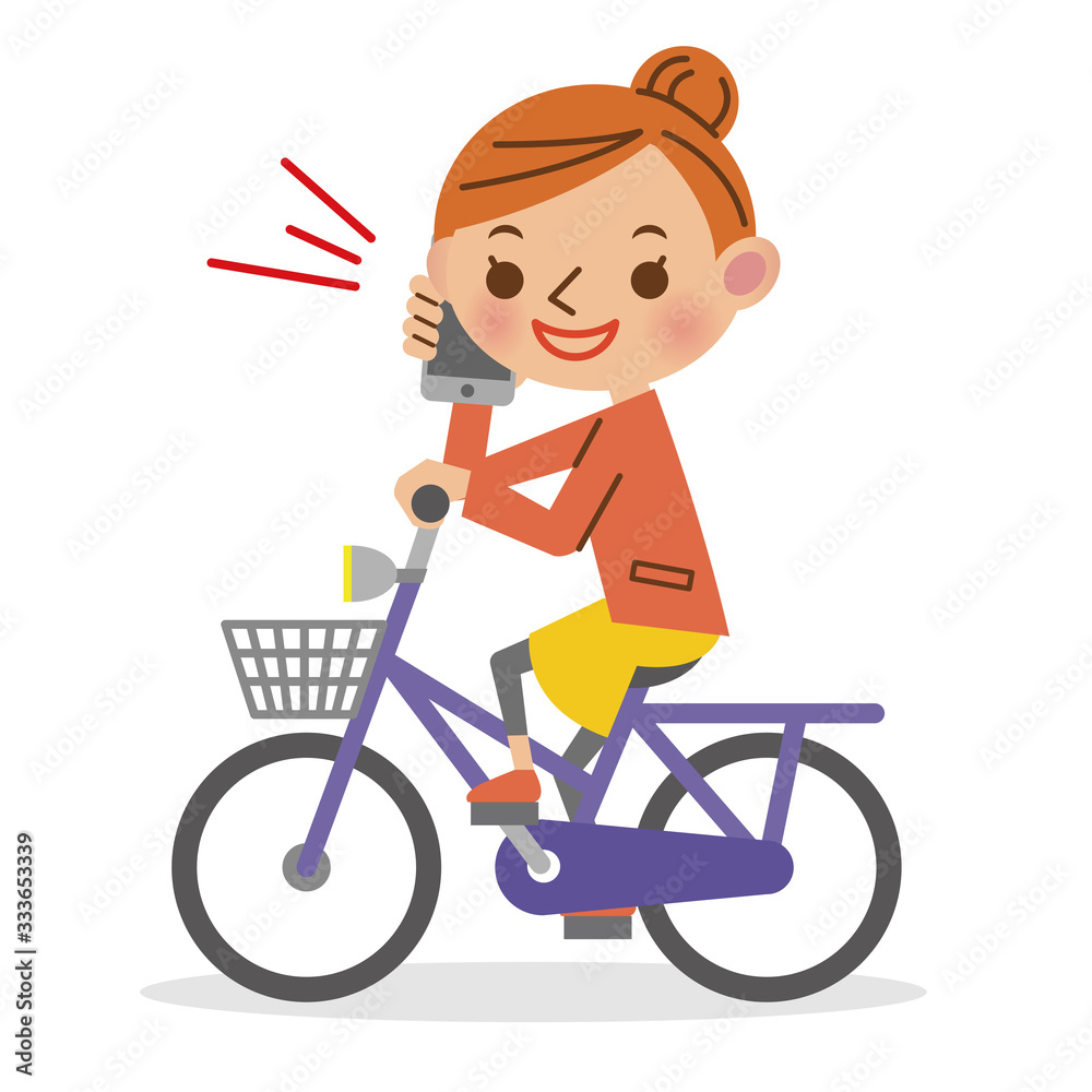 スマートフォンで通話をしながら自転車を運転する女性 スマートフォンで通話をしながら自転車を運転する女性