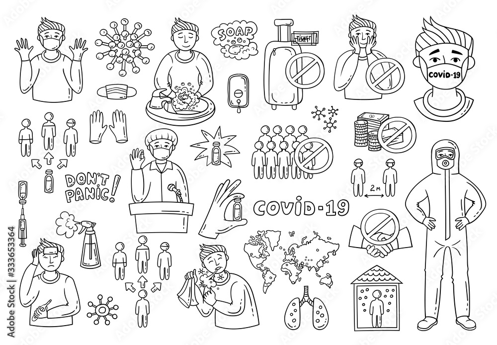 Cartoon vector set on the theme of coronavirus, covid-19. Symptoms, health care, virus protection, spread causes, infographic, medical advice, vaccine development. Hand drawn doodles