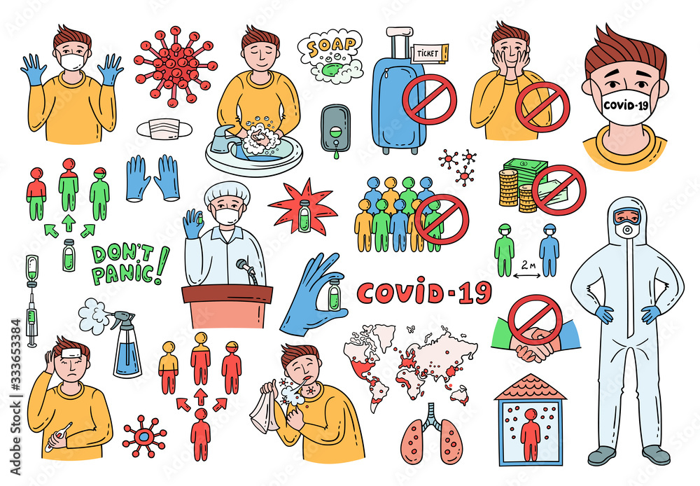 Cartoon vector set on the theme of coronavirus, covid-19. Symptoms, health care, virus protection, spread causes, infographics, medical advice, vaccine development. Colorful hand drawn doodles