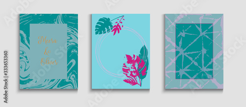 Abstract Asian Vector Covers Set. Tie-Dye, Tropical Leaves Flyers. 