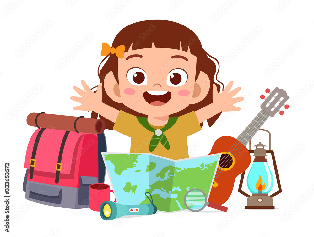 happy cute little kid girl with scout equipment