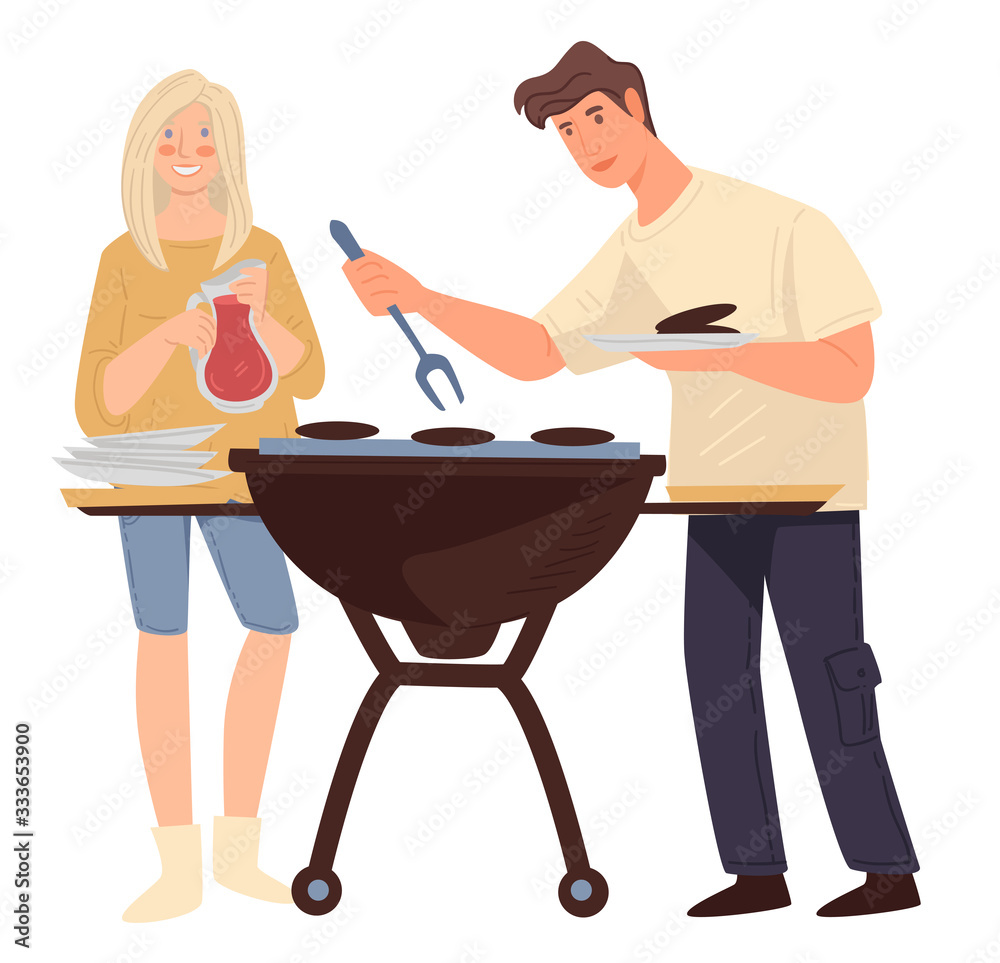 Couple grilling meat, man and woman cooking barbeque weekends