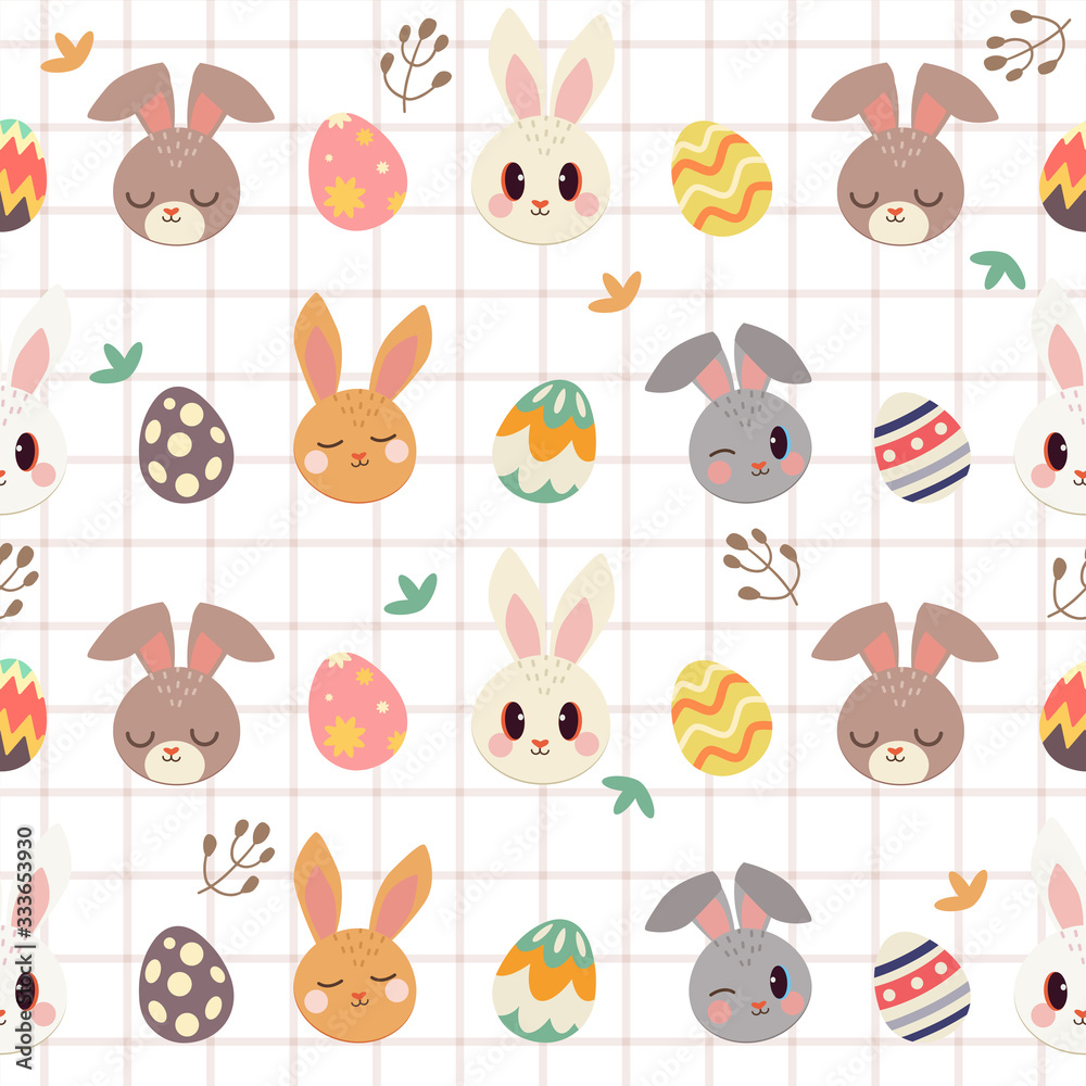 The seamless pattern of cute rabbit and easter egg and leaf on the white background. The character of cute rabbit on the white background. The character of cute rabbit in flat vector style. The seamless pattern of cute rabbit and easter egg and leaf on the white background. The character of cute rabbit on the white background. The character of cute rabbit in flat vector style.