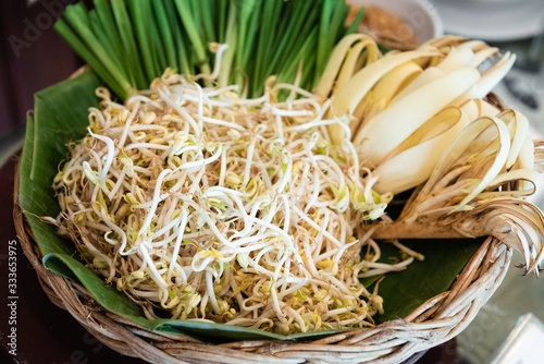 Bean Sprouts, Spring Onion, Banana Blossom in a basket