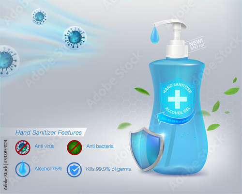 Hand sanitizer gel 75% alcohol component, kills up to 99.99% of viruses covid-19, bacteria and germs, packed in a clear plastic top-press bottle. Realistic file.