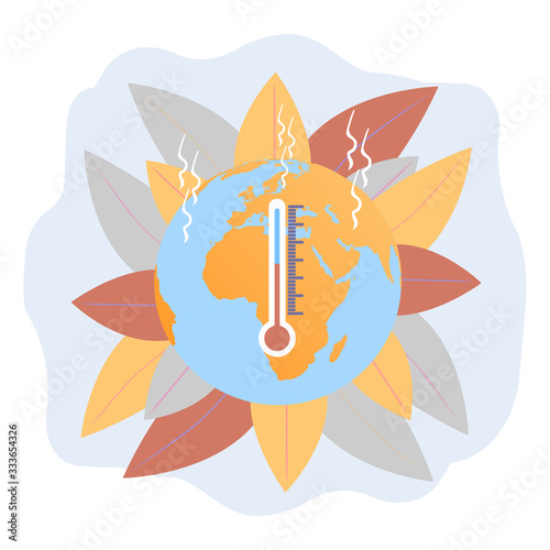 Global warming, Earth's climate change, rising temperatures. Numerous fires, destruction of flora and fauna, floods and uroganes. Cast iron vector illustration.