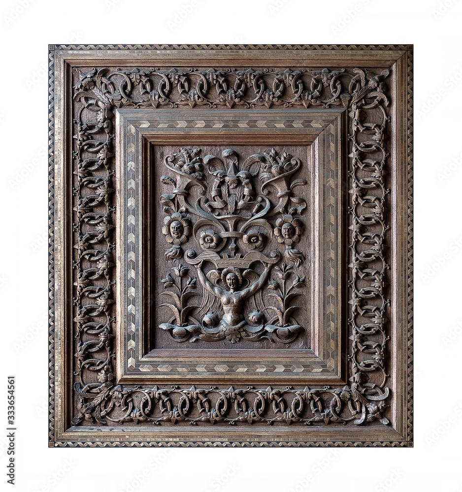 Wooden decorative architectural panel with floral ornament isolated on a white background