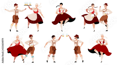 Oktoberfest in Germany. Trendy infographic character set isolated on white. Beer fest concept. Traditional Oktoberfest costumes. People drinking beer and having fun. Modern vector design fro web use.