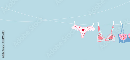 Women panties are dried on a rope. Modern illustration of the trendy female teenage underwear. Laundry concept. Beautiful women's apparel. Transparent bra and fashionable thong panties. Web design.