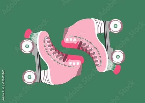 Roller skates old school poster. Hand drawn vector pink 60s four wheel roller blades on green. Isolated illustration. Trendy design for banner, greeting card, invitation.