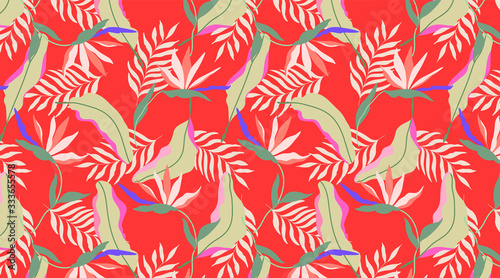 Red vibrant seamless exotic pattern. Tropical design for web and print. Strelitzia flowers  beige and soft green palm leaves on a red background. Modern hand drawn vector pattern design. 