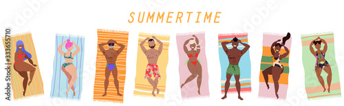 Set of isolated characters sunbathing on the beach towels. Summertime concept. People on the seaside. Men and women wearing colorful trendy swimwear. Summertime yellow sign. Hand drawn vector art.
