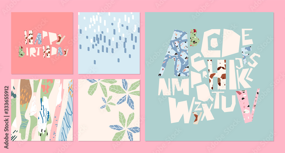 Artistic card set. Hand drawn banner, vector templates. Tropical abstract drawing. Cards, posters and creative trendy alphabet. Isolated typeface letters. Shape and stroke arrangement on paper sheets. Artistic card set. Hand drawn banner, vector templates. Tropical abstract drawing. Cards, posters and creative trendy alphabet. Isolated typeface letters. Shape and stroke arrangement on paper sheets.