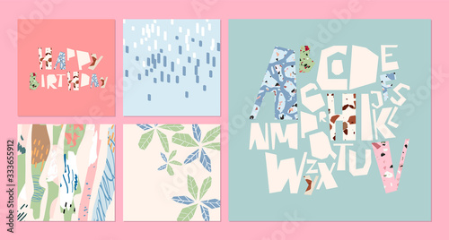 Artistic card set. Hand drawn banner, vector templates. Tropical abstract drawing. Cards, posters and creative trendy alphabet. Isolated typeface letters. Shape and stroke arrangement on paper sheets.