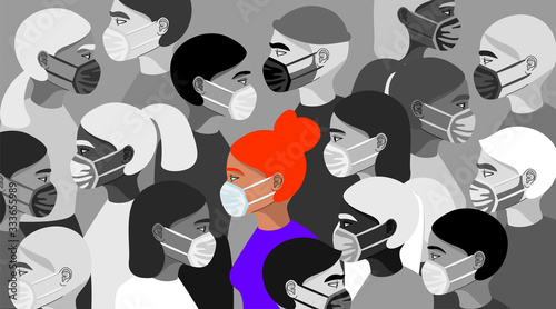 Coronavirus in China. Greyscale people wearing medical face mask. Colourful female character. Hand drawn vector men an women standing. Worldwide quarantine concept. Trendy web and app illustration.