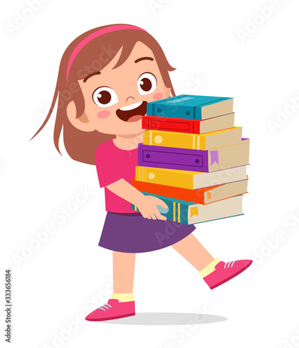 happy cute little kid girl carry pile of books