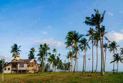 Traditional fishing village located in Terengganu, Malaysia under blue sky background