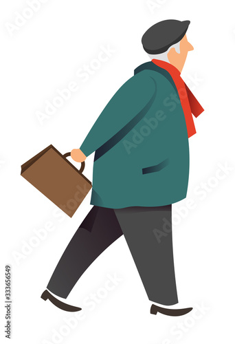 Senior man walking with bag, autumn male character