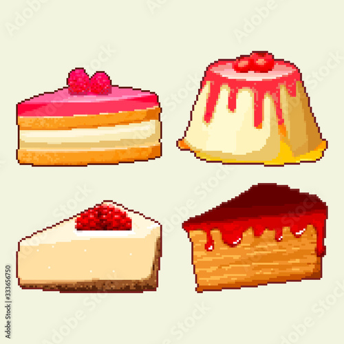 Set of pixel cakes. Vector Illustration of pixel pice of cakes. Pixel art 8 bit. 