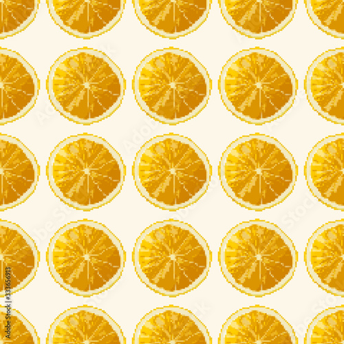 Pixel art fruits orange, lemon. Vector 8 bit. Pixel background.