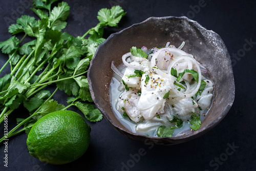 Traditional Peruvian gourmet ceviche see bass filet piece with onion rings and coriander in lime juice as closeup in a modern design bowl photo