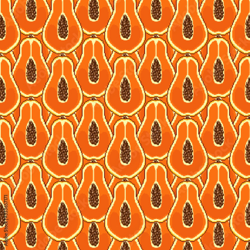 Pixel art papaya seamless pattern. Pixel art 8 bit fruits. Pixel background. 