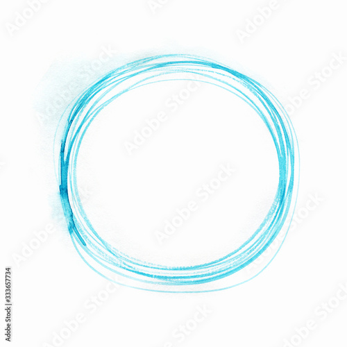 Watercolor linear frame in blue on a white background. A decorative element for your design. Round frame.