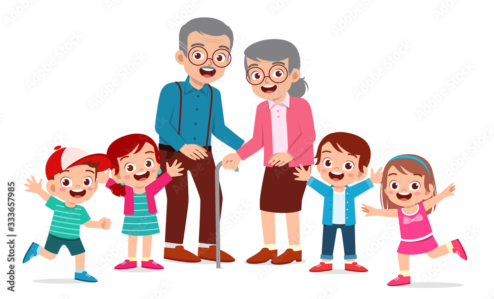 happy cute old man and woman with family together happy cute old man and woman with family together