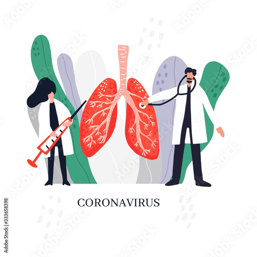 Two doctors treat coronavirus disease. Cartoon hand drawn design. Medical illustration.