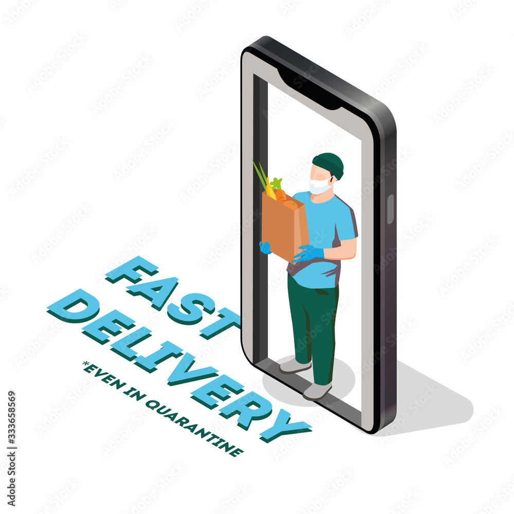 sterile food delivery during quarantine; online ordering; man in gloves and medical mask isolated sterile food delivery during quarantine; online ordering; man in gloves and medical mask isolated
