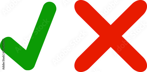 Tick and cross icons. Green checkmark OK and red X icons, Circle shape symbols YES and NO button for vote