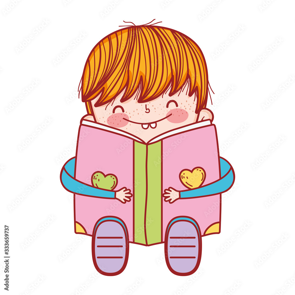 book day, cute boy sitting reading book isolated design book day, cute boy sitting reading book isolated design