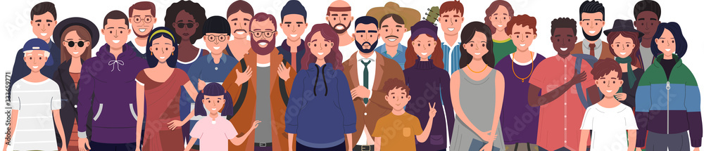 Multinational group of people isolated on white background. Children, adults and teenagers stand together. Vector illustration  - obrazy, fototapety, plakaty 