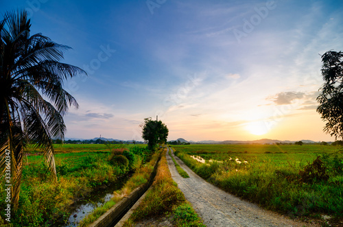 Photo beautiful landscape view in traditional paddy field over sunrise background