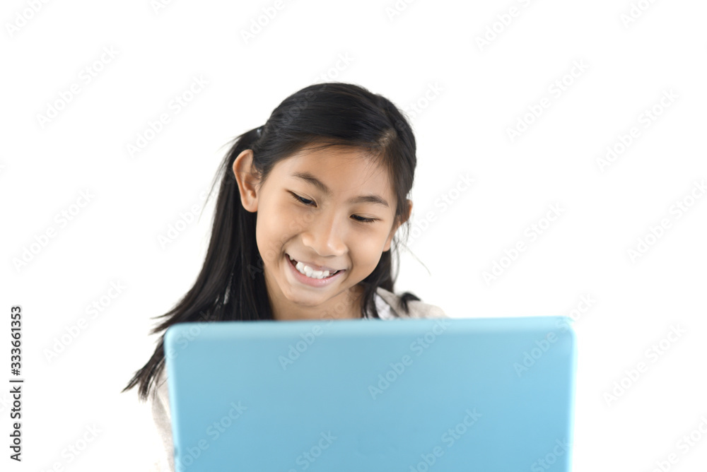 Happy Asian girl using digital tablet with white wall, lifestyle concept. Happy Asian girl using digital tablet with white wall, lifestyle concept.
