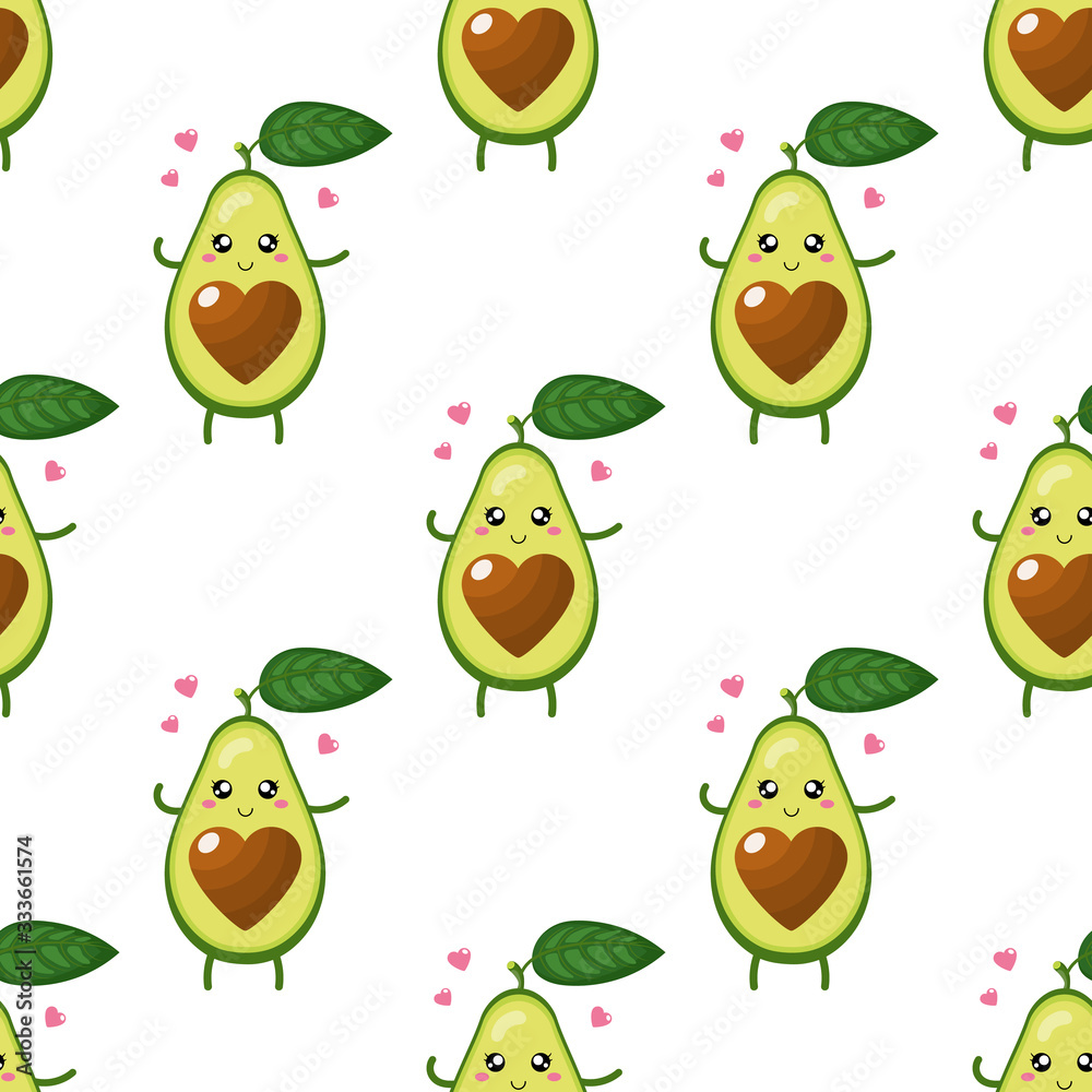 Seamless pattern with cute cartoon avocado character in love on white background. Vector illustration for any design. Seamless pattern with cute cartoon avocado character in love on white background. Vector illustration for any design.