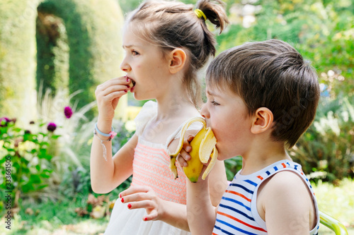 Siblings eating bananas in the garden. Little boy having an afternoon snack outdoors. Children healthy diet. Lifestyles with kids at summer holidays. Healthy vegan habits. Organic fruit for good diet.