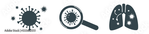 Coronavirus 2019-nCoV infographic design elements on white background. Isolated corona virus flat icon set with Covid19 silhouette, detection of infection and lung affection. Wuhan pneumonia. Vector