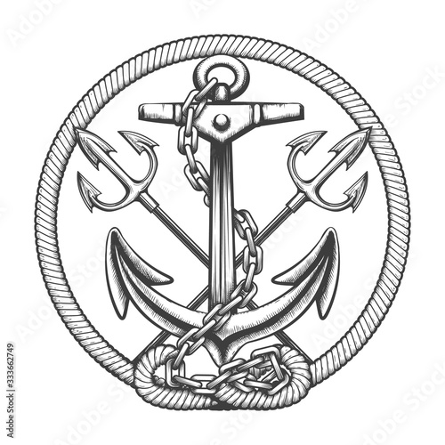 Ship anchor with tridents and ropes engraving illustration