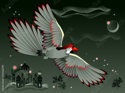 Illustration of fantastic parrot flying at night in oriental environment. Cov...