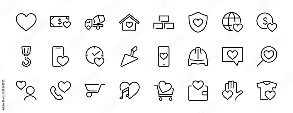 The set of icons about love contains such icons as love of music, declaration of love, heart, favorite home, Linear set. Vector on a white background. Editable stroke. 480x480 The set of icons about love contains such icons as love of music, declaration of love, heart, favorite home, Linear set. Vector on a white background. Editable stroke. 480x480