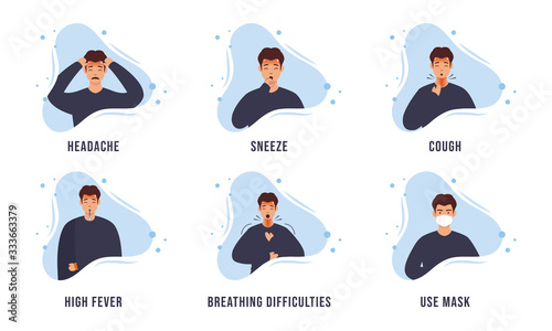 COVID-19, coronavirus symptoms icons set for infographic. abstract pattern design concept with characters.