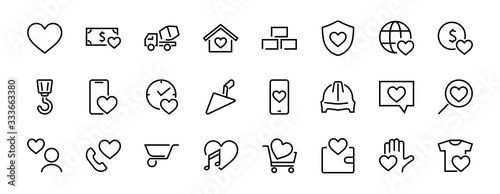  The set of icons about love contains such icons as love of music, declaration of love, heart, favorite home, Linear set. Vector on a white background. Editable stroke. 480x480