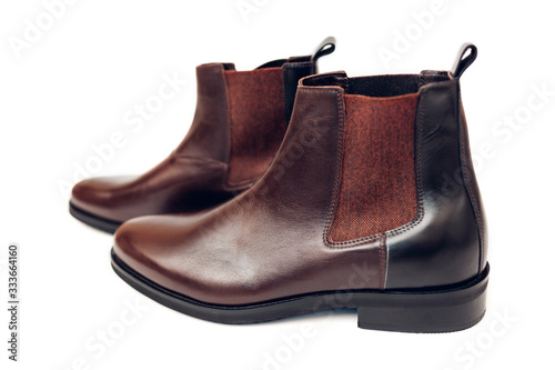 Shoes, chelsea leather boots for men. Male winter, autumn or spring fashion. Footwear isolated on white background. Sale