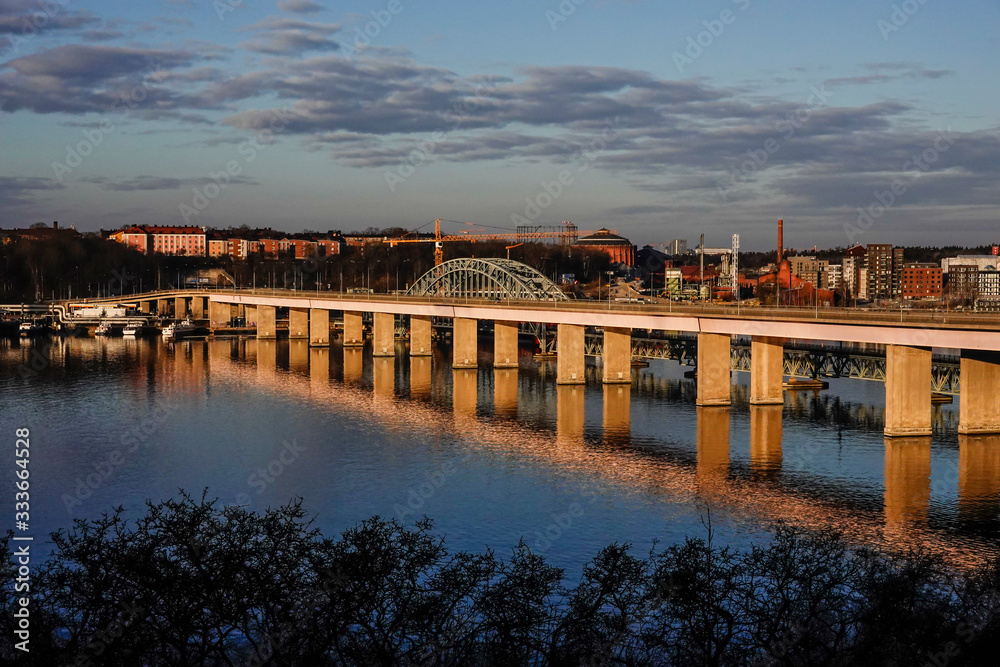 Stockholm, Sweden March 28, 2020 The Lidingo bridge at dawn.