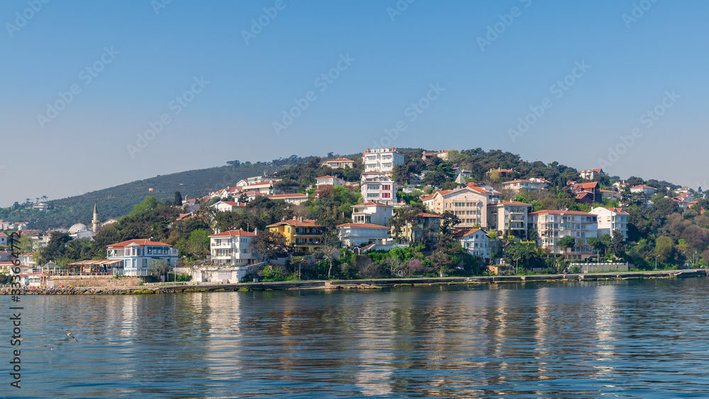 View of Burgazada island from the sea with summer houses. The island is the third largest one of four islands named Princes' Islands in the Sea of Marmara, near Istanbul, Turkey