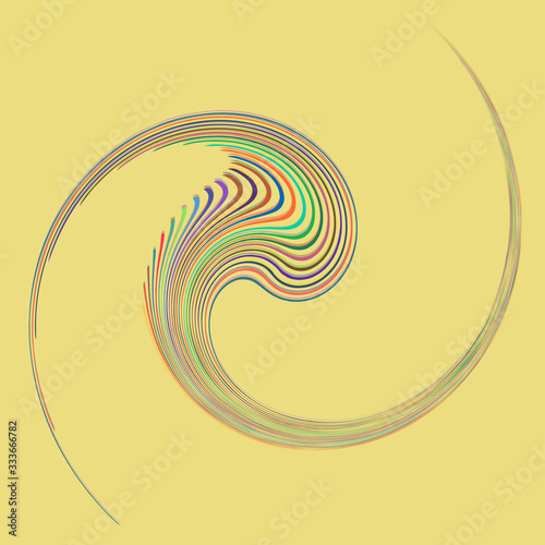 Smudged, smeared creamy single mottled, multi-color and colorful spiral, swirl, twirl element. Twisted cyclic, circular and radial, radiating whorl, volute shape over colored backdrop, background