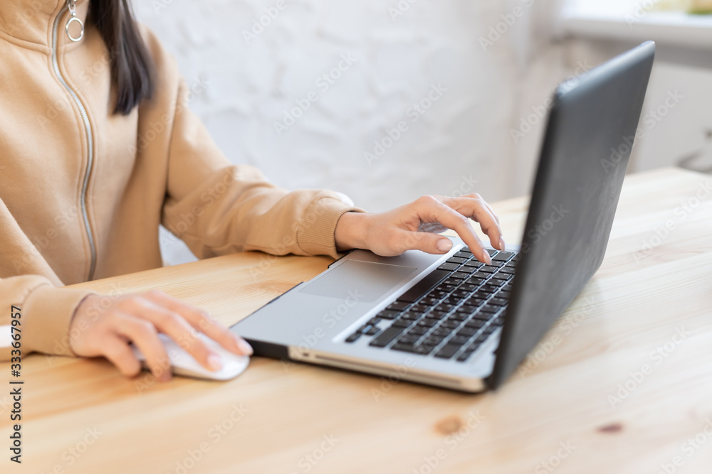 Young girl woman distance learning for students. Quarantine. Freelancer, distant work, work at home, online education