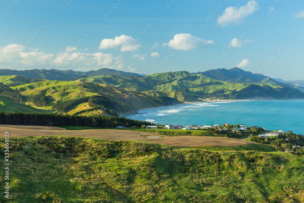 Obraz premium ニュージーランド ワイララパのキャッスル・ポイントのキャッスル・ロックから見える景色