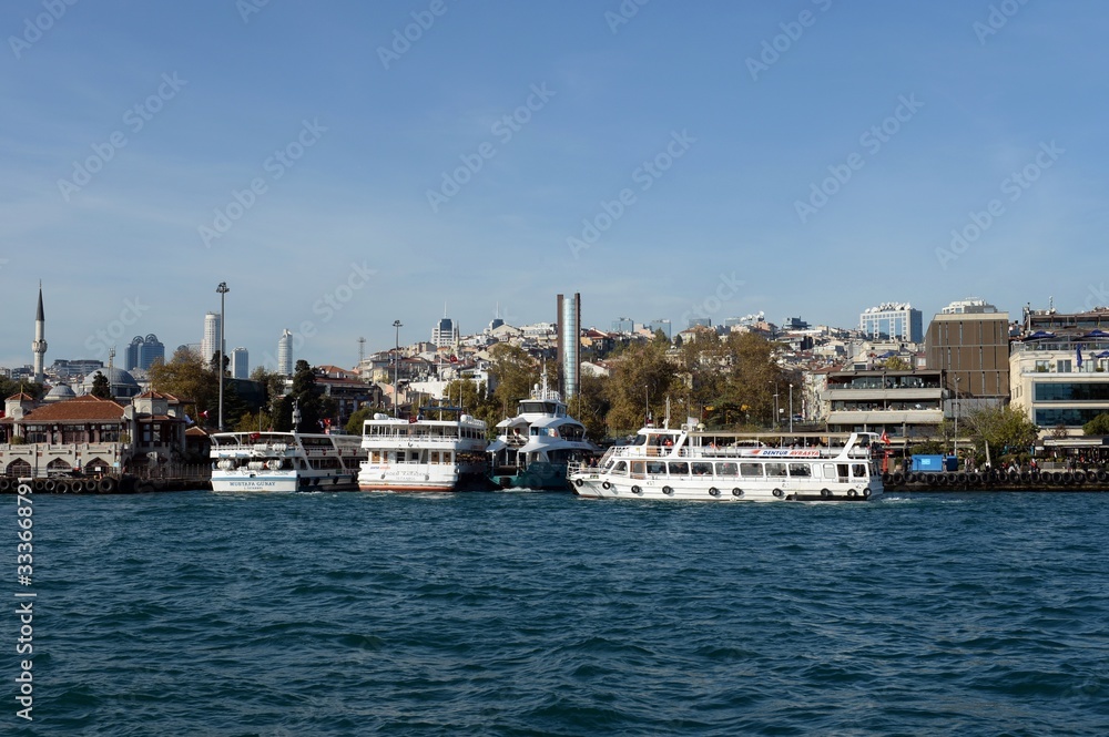 Pleasure boats at the pier Besiktas in the Bosphorus. Istanbul